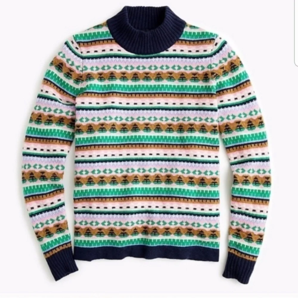 J. Crew Sweater Fair Isle Lambswool Mock Neck Knit Ribbed Pullover Holiday Small